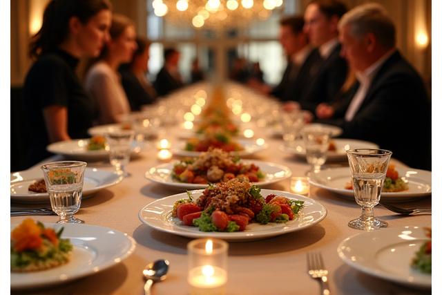 Un banquet élégant avec des plats gastronomiques et des convives en arrière-plan