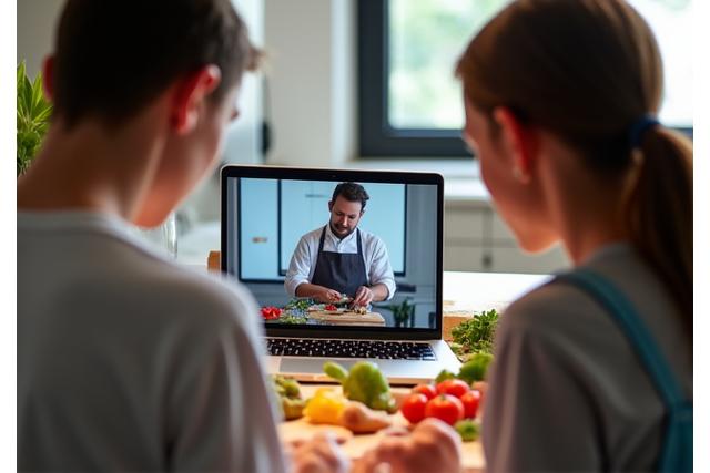 Étudiants apprenant à cuisiner sur ordinateur avec un chef cuisinier via une visioconférence